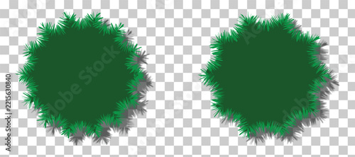 Two lush green circular bushes viewed from above isolated on a transparent background for professional architectural landscape design and digital garden rendering