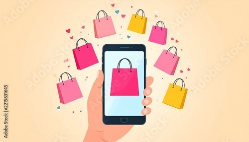 Online Shopping Mobile App with Hand Holding Smartphone and Flying Shopping Bags