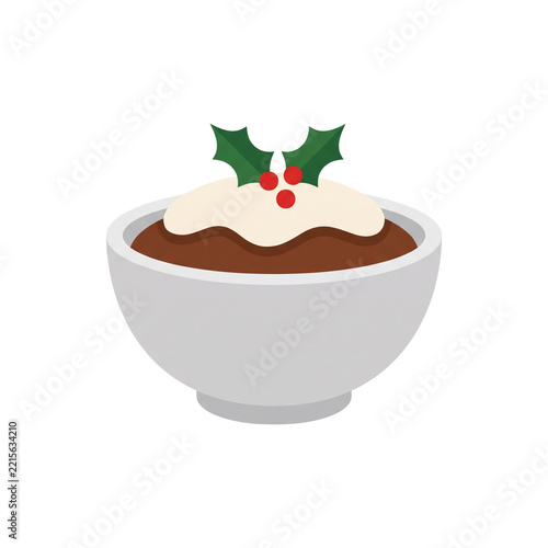 Christmas pudding with brandy butter and holly berries isolated on white background festive dessert illustration