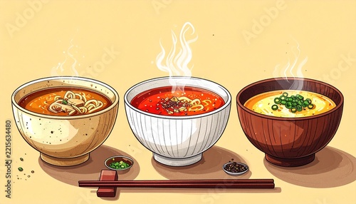 Three steaming bowls of delicious Asian noodle soup with chopsticks and spices on a table