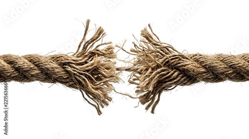 A thick natural hemp rope snapping and breaking under extreme tension and pressure, frayed fibers bursting apart against a clean white background, symbolizing a breaking point or failure.
