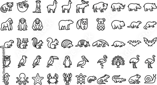 Animal Icons Set with Line Art Illustrations. Wildlife Outline Symbols, Cute Animal Vector Design