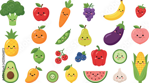 Cute Fruits and Vegetables Set, Cheerful Cartoon Icons, Vibrant Food Illustrations for Healthy Eating Concept.