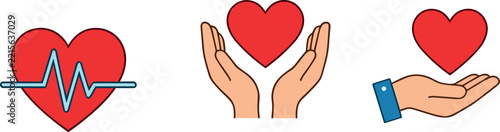 Heart Icons Set with Pulse Line, Hands Holding Heart, and Isolated Heart Symbol Featuring Medical, Healthcare