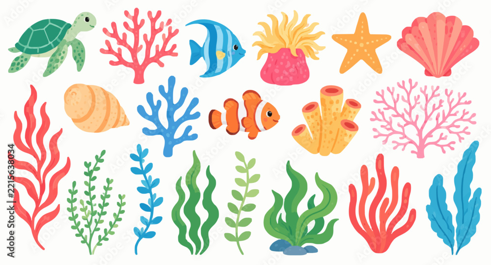 Fototapeta premium Underwater sea life collection with corals seaweed and fish vector