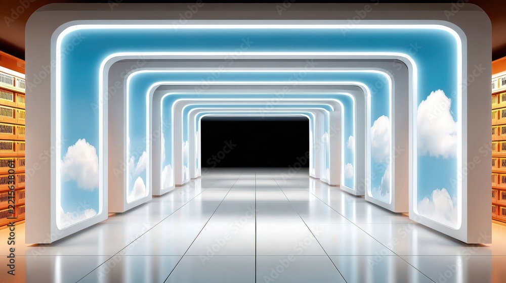Fototapeta premium Futuristic corridor with glowing blue frames and cloud imagery on panels, leading to dark void, abstract architectural design
