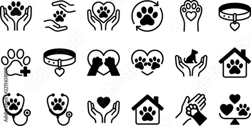 Pet Care Icons Set with Paw Prints, Hearts, and Hands. Animal Welfare Illustration, Veterinary Concept Design.
