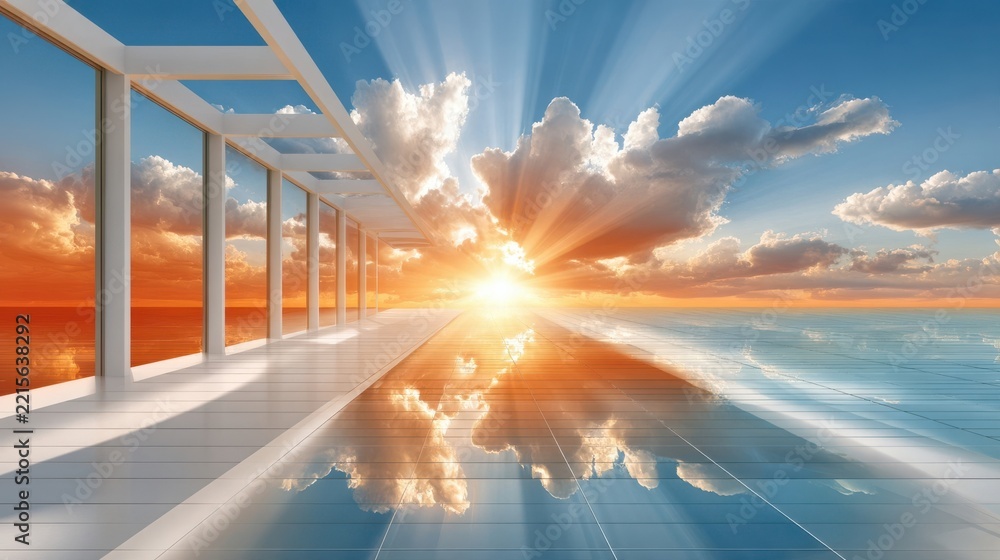 Fototapeta premium White modern corridor with glass panels reflecting sunset sky and clouds over ocean, architectural perspective with sunburst and mirrored floor, abstract horizon concept
