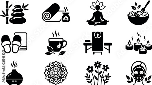 Spa Icons Set with Lotus Flower, Tea, Massage, and Aromatherapy Elements Featuring Relaxation, Wellness