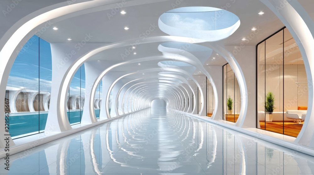 Fototapeta premium Futuristic corridor with white curved arches and reflective floor, large glass windows showing blue sky, modern interior design