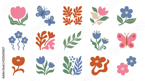 Collection of vibrant Matisse-inspired floral and butterfly cutouts in a modern abstract style.