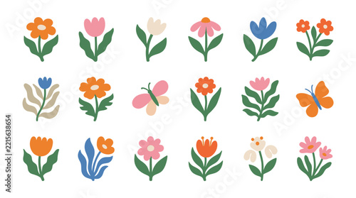 Collection of vibrant whimsical flowers and butterflies in a playful folk art style.