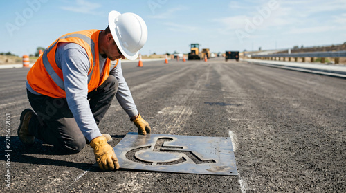 Road worker painting an accessibility parking symbol on a newly paved highway