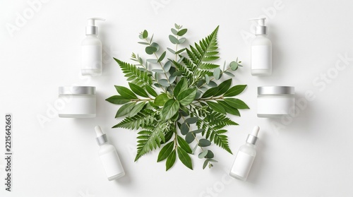 Natural Skincare Product Mockup With Botanical Leaves, Creams, Serums And Minimal Packaging