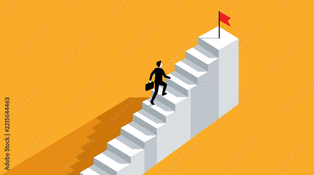 Fototapeta premium Professional of Business Person Climbing White Staircase with Red Flag at Summit Against Orange Gradient