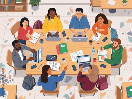 Diverse group of students collaborating on laptops and notebooks around a large wooden table in a modern classroom or library setting