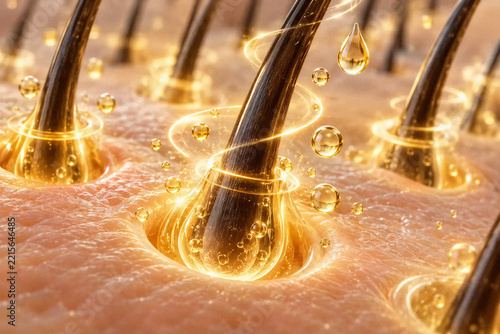 Close-up of hair follicles growing from skin with glowing golden droplets