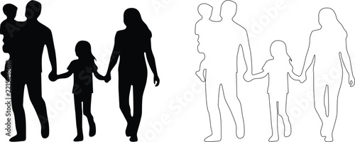 Family Walking Together Silhouette and Outline Illustration