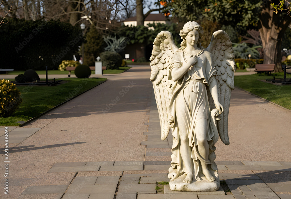 Fototapeta premium Grief and mourning concept stone angel statue in a peaceful cemetery garden memorial and remembrance for loss funeral tradition in public park