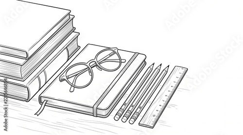 Stack of books eyeglasses pencils and ruler on a wooden desk illustration