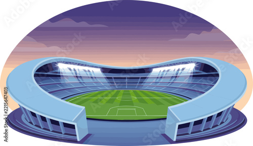 Modern stadium illustration with illuminated field for sports event promotion.
