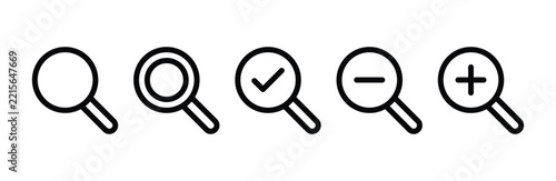 Magnifying glass icons vector set outline style