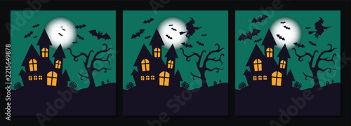 Set of three spooky Halloween night scenes with haunted houses, glowing windows, full moon, flying bats, witch silhouettes and twisted trees. Ideal for posters, party invitations, greeting cards, wall