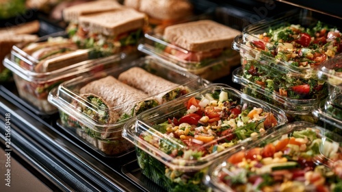 Fresh healthy meal prep with vegetable salad and whole wheat sandwich wrapped in plastic containers for grab and go convenience