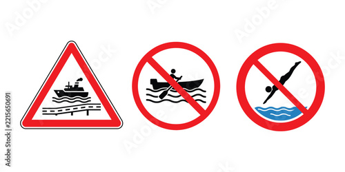 Set of water traffic and safety signs prohibiting boating, paddling, and diving