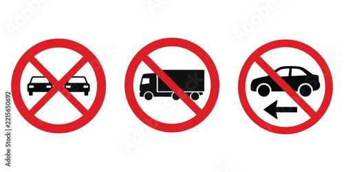 Set of traffic signs prohibiting vehicles, trucks, and cars with directional arrow