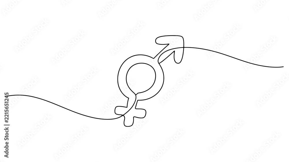 Obraz premium Continuous single line drawing of male and female gender symbols combined together Vector, illustration