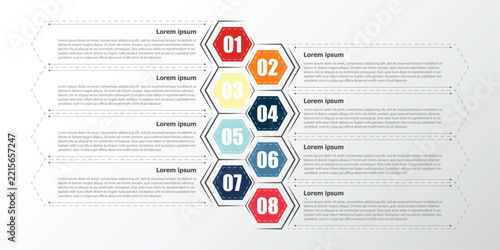 This simple infographic, primarily designed using hexagons, presents details in bullet points, covering 8 topics in total.
