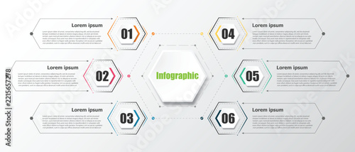 This simple infographic, primarily designed using hexagons, presents details in bullet points, covering 6 topics in total.