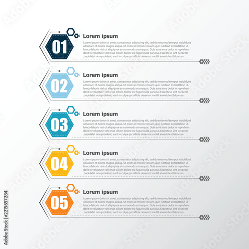 This simple infographic, primarily designed using hexagons, presents details in bullet points, covering 5 topics in total.