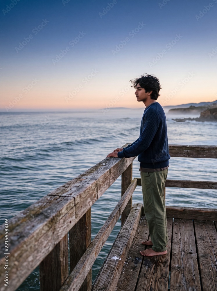 Fototapeta premium Pensive Indian Teenager Standing on Weathered Wooden Pier at Ocean Dawn