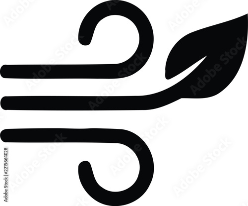 Black icon of a leaf blowing in the wind representing fresh air and environmental nature concepts on white