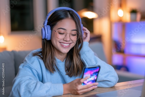 Young woman smiles with headphones and phone in cozy room