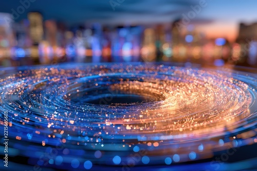 Circling light trails glow with digital energy