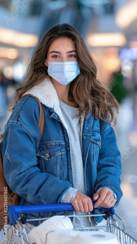 Young woman wears protective mask while shopping