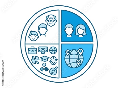 Blue circular diagram chart with demographic icons and lifestyle symbols