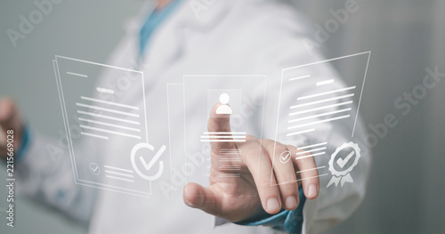 Claim review, performance, healthcare compliance, documentation, approval, and protection. Medical insurance audit concept showing a doctor examining a verified document with a checklist.