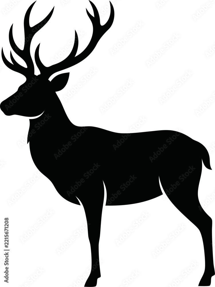 Obraz premium Black stag deer silhouette with large antlers isolated on white background