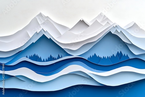 Paper cutout style landscape with mountains and forest