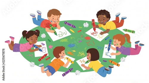  Diverse Group of Children Lying on Floor Drawing with Crayons