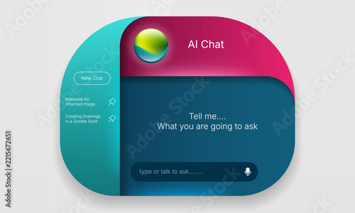 Creative colorful AI chat app UI mockup with sidebar menu and glossy orb header