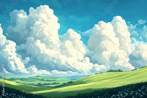 Vibrant green rolling hills under massive cumulus clouds in a bright blue sky