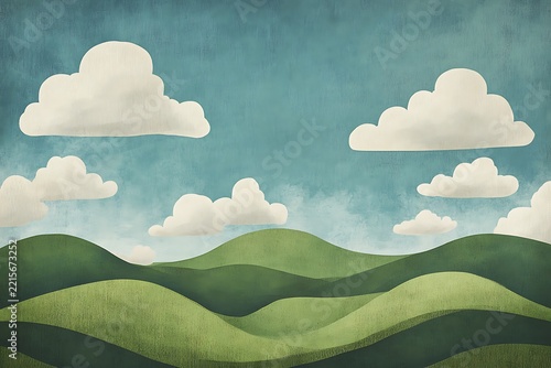 Rolling green hills landscape with fluffy clouds in a textured blue sky