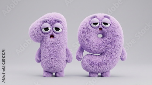 Sleepy purple fluffy number 19 characters on grey background. Tired lilac furry numerals with heavy eyelids standing side by side, a calm funny 3D concept for age, birthday and fatigue themes.