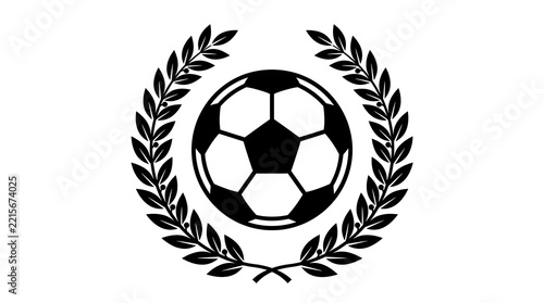 Soccer ball with laurel wreath emblem on white background