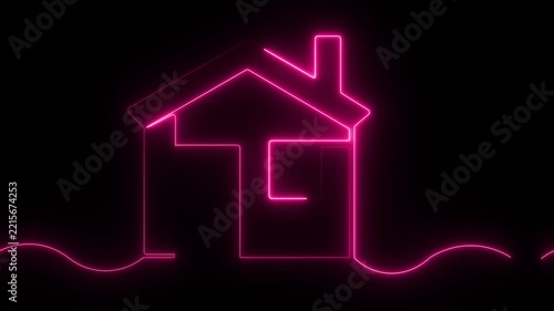 Pink glowing neon line house building icon loop animation